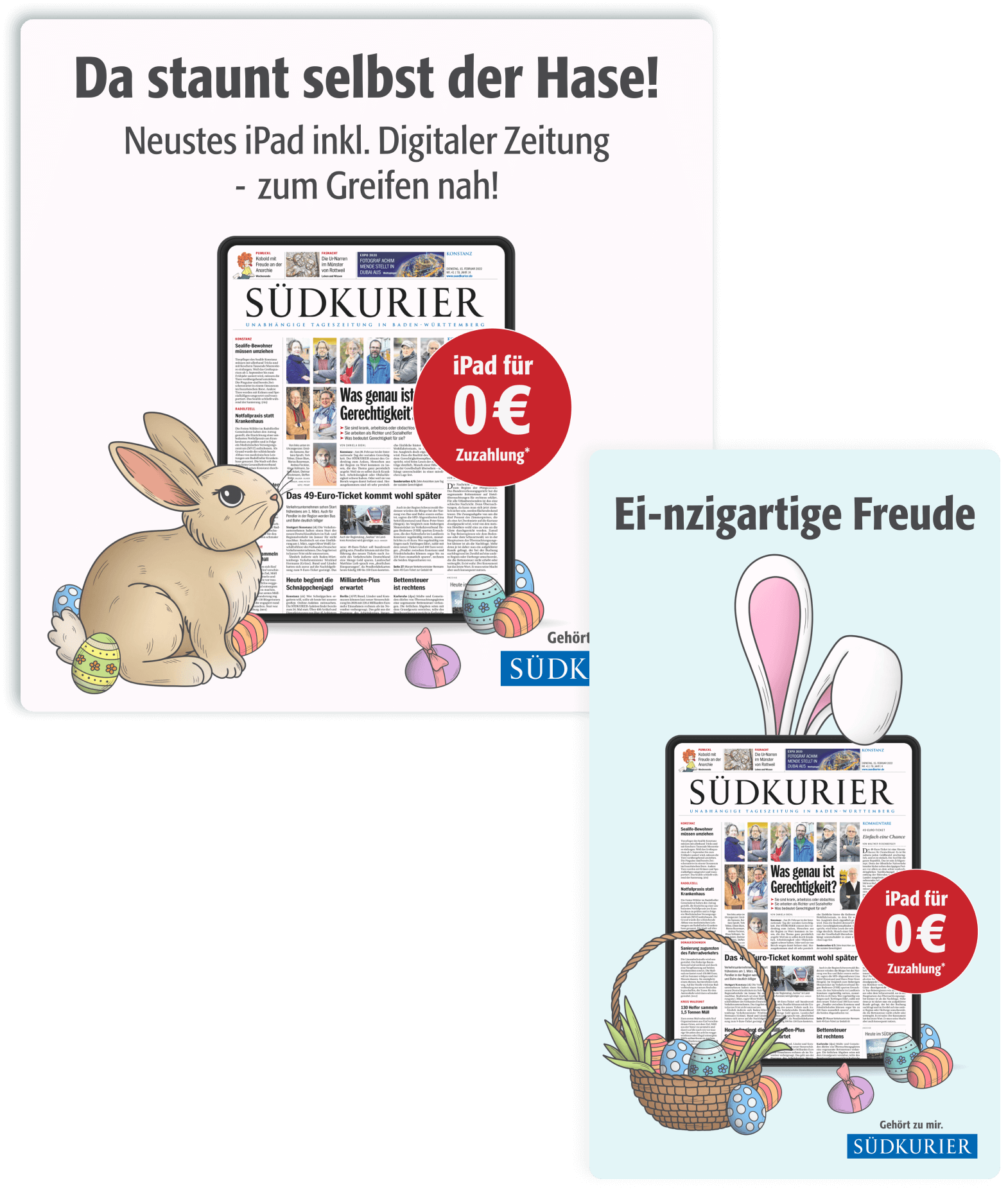 Custom illustration ad design in square and story format for SÜDKURIERs Easter Bundle campaign, featuring custom Easter-themed illustrations and promotional messaging.